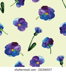 Vector Watercolor illustration of Violet flowers. Seamless pattern design of pansy flowers. 