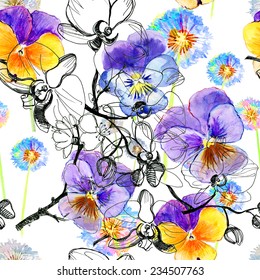 Vector Watercolor illustration of Violet flowers. Seamless pattern. Pansy and Orchids flowers.