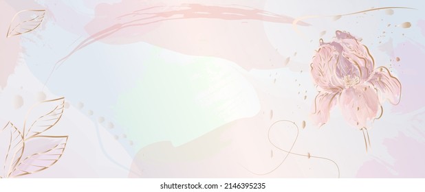 Vektorgrafik der Aquarellfarben. Tapete-Design mit weichem pastellfarbenem Hintergrund. Acavrel rosa, beige, violett. Irisblume, Blätter, goldene Muster. Design für Text, Verpackung, Druck, Wanddekoration