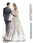 Vector watercolor illustration wedding couple married in full length from back colorful isolated on white background.