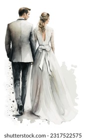 Vector watercolor illustration wedding couple married in full length from back colorful isolated on white background.