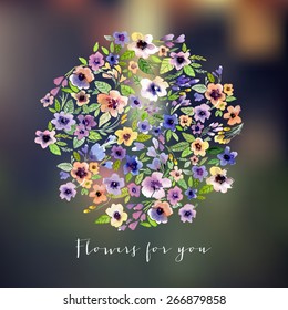 Vector watercolor illustration for wedding and different holidays. Cute summer bouquet. Floral pattern with watercolor flowers on the blurred background. Isolated pansy