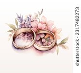 Vector watercolor illustration wedding rings couple with flowers colorful isolated on white background.