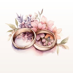 Vector Watercolor Illustration Wedding Rings Couple With Flowers Colorful Isolated On White Background.