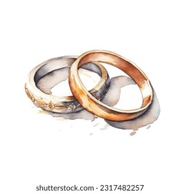 Vector watercolor illustration wedding rings couple with flowers colorful isolated on white background.