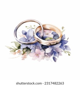 Vector watercolor illustration wedding rings couple with flowers colorful isolated on white background.