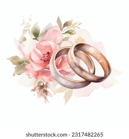 Ilustración de la acuarela vectorial anillos de boda con flores de color aislado sobre fondo blanco.