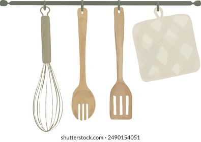 Vector Watercolor illustration, whisk, spatula, kitchenware, tableware, utensils, set for creative cooking, utensils. Invitation, greeting cards, birthday, event, holiday, menu; cooking class; Master 