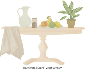 Vector Watercolor illustration. White table, severed. Illustrations for creative cooking, invitation, greeting cards, birthday, event, holiday, menu; cooking class; Master Class.