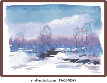 Vector watercolor illustration of winter landscape in picture frame