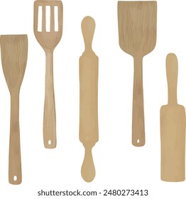 Vector Watercolor illustration, wooden, 
spatula, rolling pin, masher, 
kitchenware, tableware, utensils, set for creative cooking, utensils. Invitation, greeting cards, birthday, event, holiday, menu