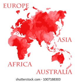 Vector watercolor illustration of world map parts like Europe, Asia, Africa and Australia painted in red ink color splash