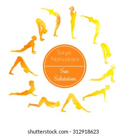 Vector watercolor illustration of yoga exercise Sun Salutation Surya Namaskara. Bright colorful silhouettes of slim women in different yoga positions in yellow and orange dyes.