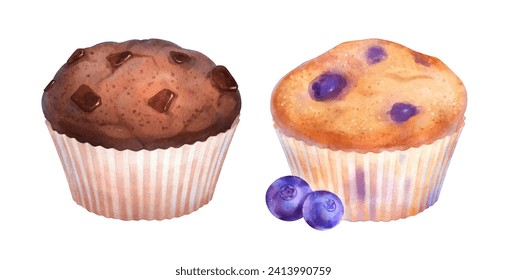 Vector Watercolor ilustraciones de Blueberry y Muffins de chocolate aisladas en fondo blanco