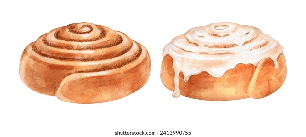 Vector Watercolor illustrations of Cinnamon Rolls isolated on white background.