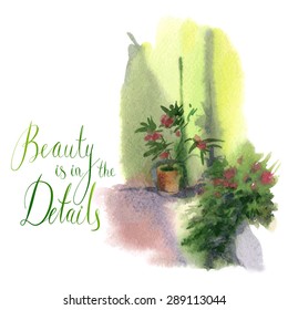 Vector watercolor image of a flower pot at the wall 
