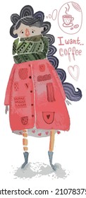Vector watercolor image of a girl wrapped in a warm scarf who dreams of coffee