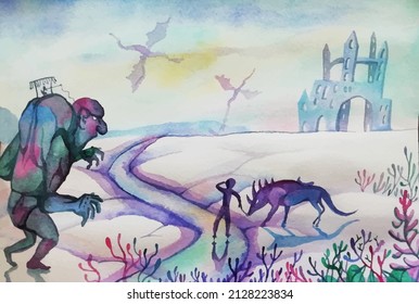 Vector watercolor image of a snowy icy fairy tale landscape, a magical river, a monster, a castle in the distance and dragons