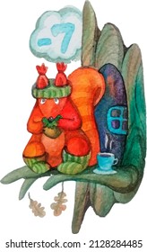 Vector watercolor image of a squirrel sitting on a bough in winter in a hat and socks and drinking tea