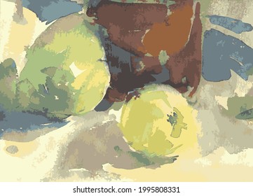 Vector watercolor image of still life with yellow apple,pear and jar
