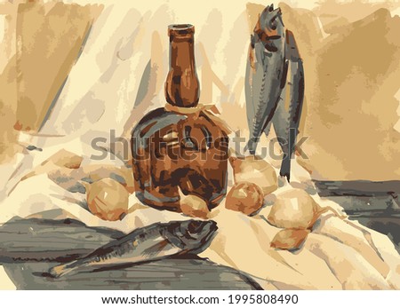 Vector watercolor image of still life with fish, onion, bottle, and yellow drapery