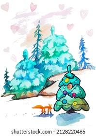 Vector watercolor image of a winter forest fairytale landscape with fir trees and a fox

