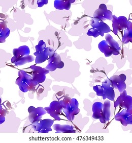 Vector watercolor imitation tropical orchid flower seamless pattern. Colorful illustration. Blue violet. Not trace.