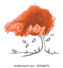Vector watercolor and ink drawing of autumn tree.Concept of season.
