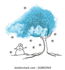 Vector watercolor and ink drawing of winter tree. 