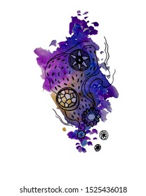 Vector watercolor and ink splashes in blue and violet colors.