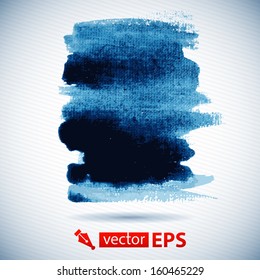 Vector watercolor ink spot. Blue wet brushstroke on canvas texture. Dry brush strokes. Abstract composition for design elements. Blue colorful vector abstract brush stroke and splatter background