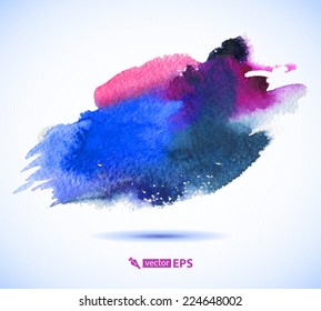 Vector watercolor ink spot. Blue wet brushstroke on paper texture. Dry brush strokes. Abstract composition for design elements