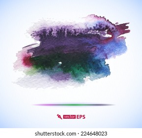 Vector watercolor ink spot. Blue wet brushstroke on paper texture. Dry brush strokes. Abstract composition for design elements