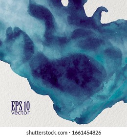 Vector watercolor ink texture, cyan (dark blue and green) colored. Isolated blot of paints. Background. Wave effect.