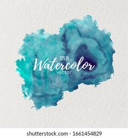 Vector watercolor ink texture, cyan (dark blue and green) colored. Isolated blot of paints. Background. Wave effect.