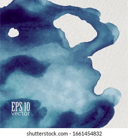 Vector watercolor ink texture, cyan (dark blue and green) colored. Isolated blot of paints. Background. Wave effect.