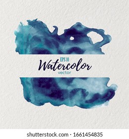 Vector watercolor ink texture, cyan (dark blue and green) colored. Isolated blot of paints. Background. Wave effect.