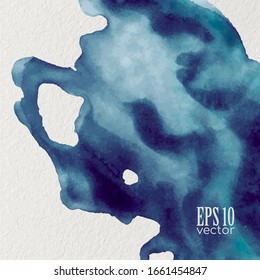 Vector watercolor ink texture, cyan (dark blue and green) colored. Isolated blot of paints. Background. Wave effect.