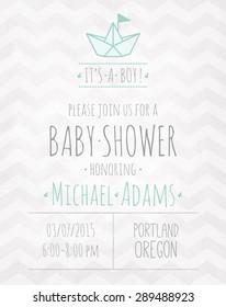 Vector watercolor invitation to the baby shower for a boy with a paper origami boat and a zigzag pattern