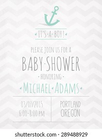 Vector watercolor invitation to the baby shower for a boy with a anchor and a zigzag pattern
