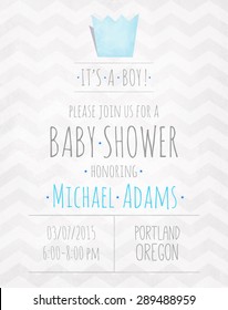 Vector Watercolor Invitation To The Baby Shower For A Boy With A Crown And A Zigzag Pattern