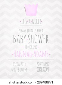 Vector watercolor invitation to the baby shower for a girl with a crown and a zigzag pattern