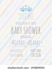 Vector watercolor invitation to the baby shower fo a boy with a car