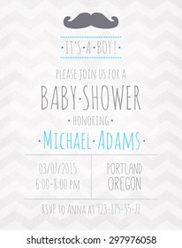 Vector watercolor invitation to the baby shower fo a boy with a mustache and a zigzag pattern