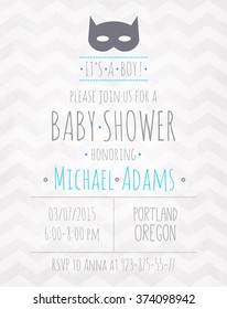 Vector watercolor invitation to the baby shower fo a boy with a mask bat and a zigzag pattern