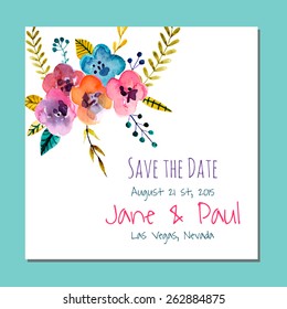Vector watercolor invitation card with flowers and plants. Floral design. Original floral background, greeting card. Wedding invitation, save the date illustration. 
