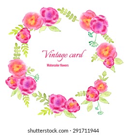 Vector watercolor invitation card with flowers and leaves. Hand drawn illustration for greeting cards, invitations, and other printing projects.