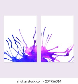 Vector watercolor invitation card, flyer and advertising template and two side folder cover with colorful abstract splash of paint and room for text in blue and purple set