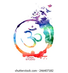 Vector watercolor isolated Om sign label. Rainbow Yoga concept