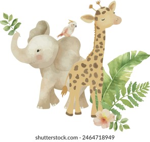 Vector Watercolor jungle elephant and giraffe. Illustration, template, design elements for greeting cards, invitation, gender party, baby shower, birthday, event, holiday, wedding card, printable, EPS